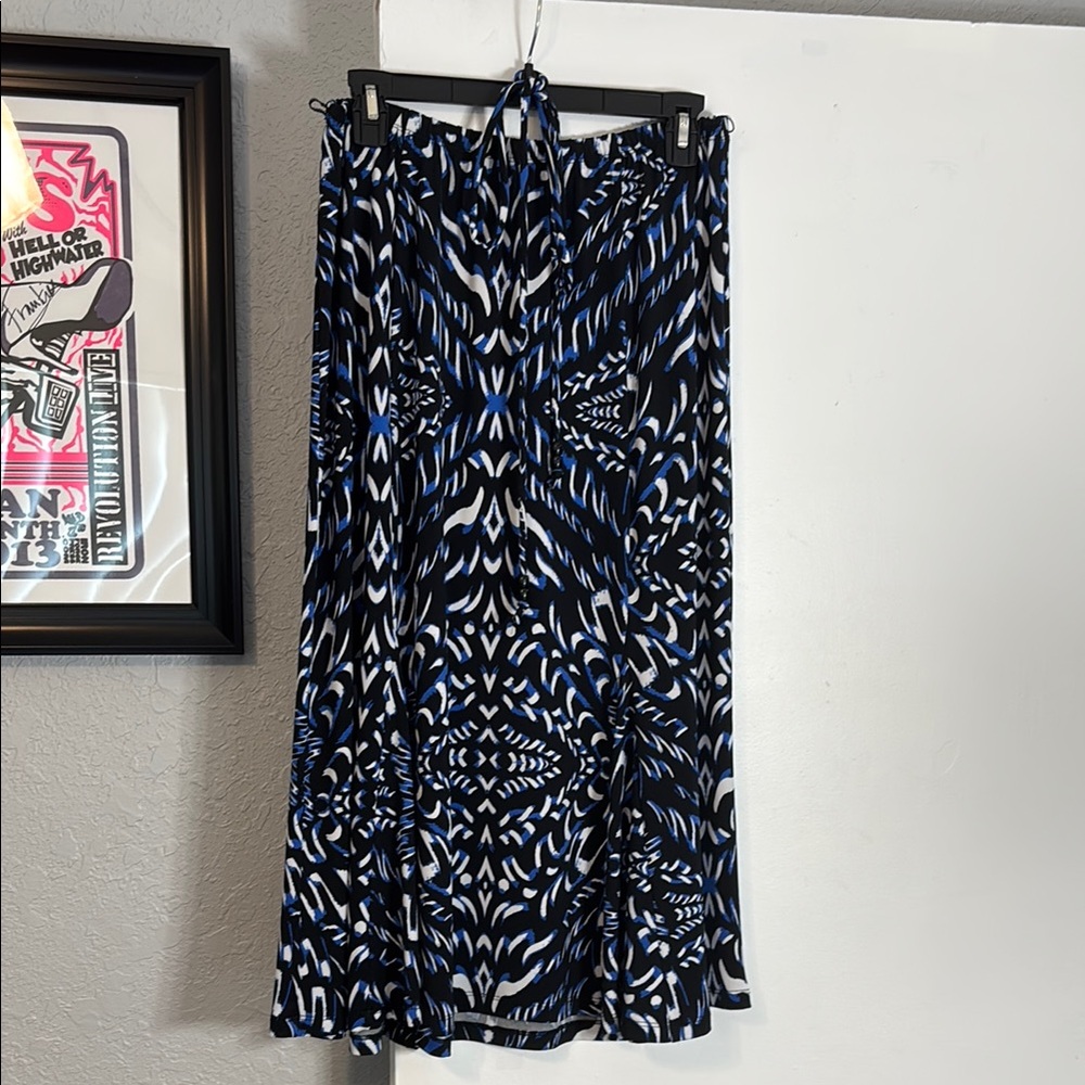 JM Collection Black, Blue and White Belted Midi Skirt